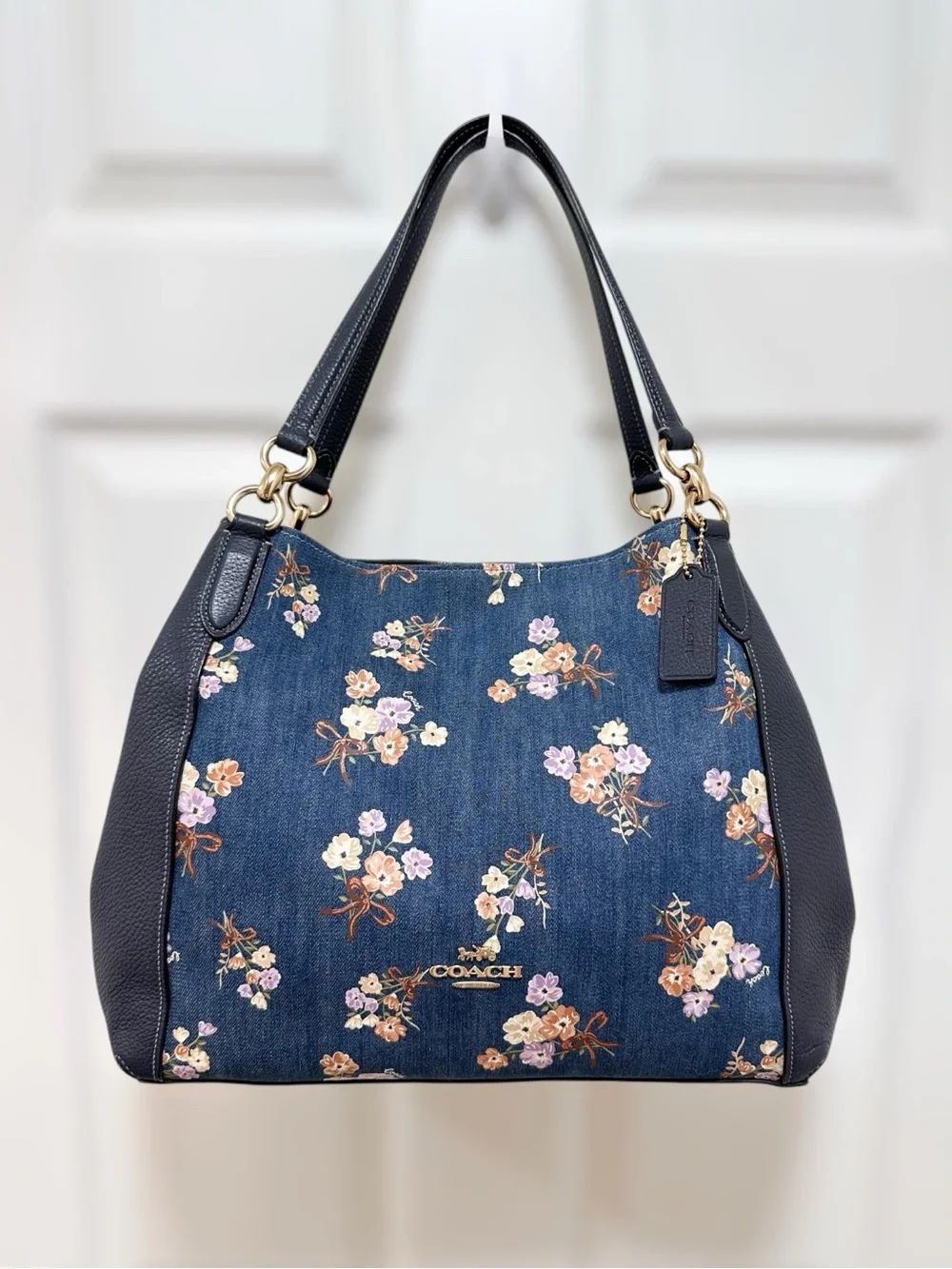 Coach Hallie Shoulder Bag Denim Floral Bouquet Print Navy Leather